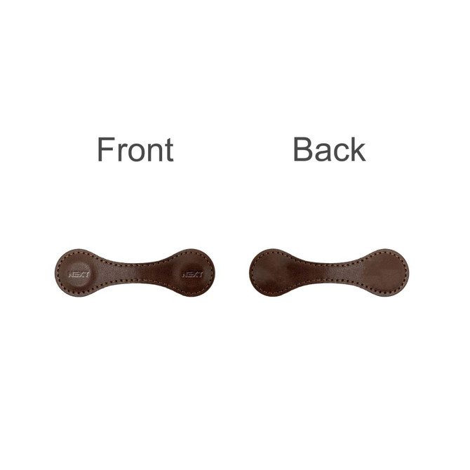 A brown PU leather magnetic bookmark featuring a smooth front and a stitched back, with branding on one side.