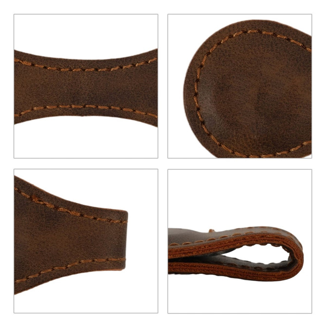 A brown PU leather magnetic bookmark with detailed stitching, featuring a circular end and a tapered design.