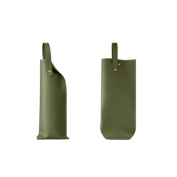 A wine bag made of elegant green PU leather, featuring a minimalist design and two handles for carrying.