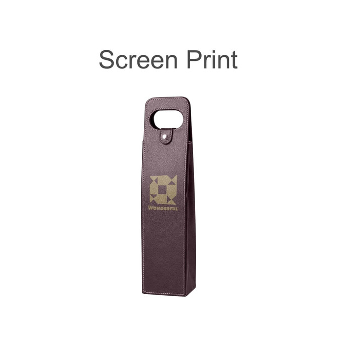 A wine bottle bag in deep purple with a handle and a logo in a lighter colour. Ideal for carrying a single bottle.