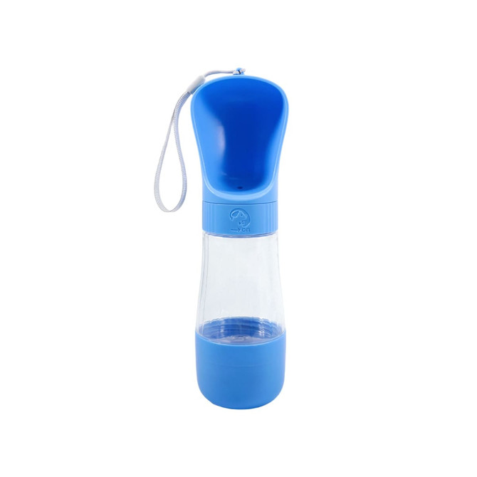 A drink bottle with a blue top and base, featuring a clear body and a built-in food container. The bottle has a strap and a logo.