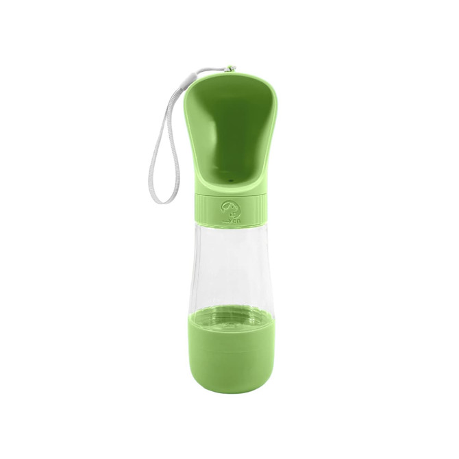 A drink bottle and food container in green, featuring a top compartment for water and a lower section for food, with a strap.