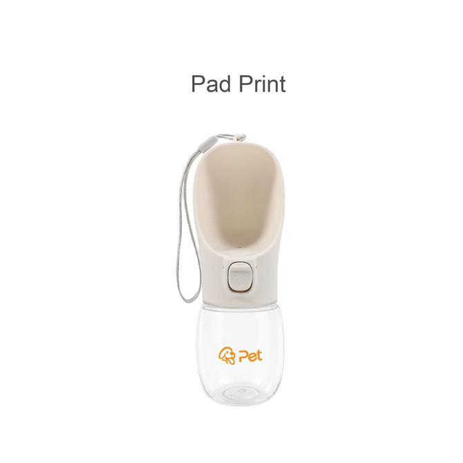 A drink bottle for pets, featuring a beige top and clear bottom, with a logo and a wrist strap.