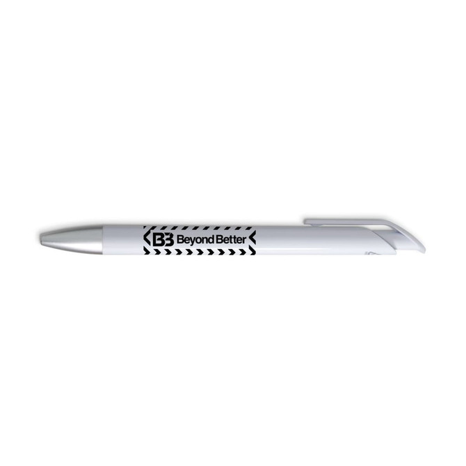 A white gel ink pen with a silver clip and a black logo on the barrel.