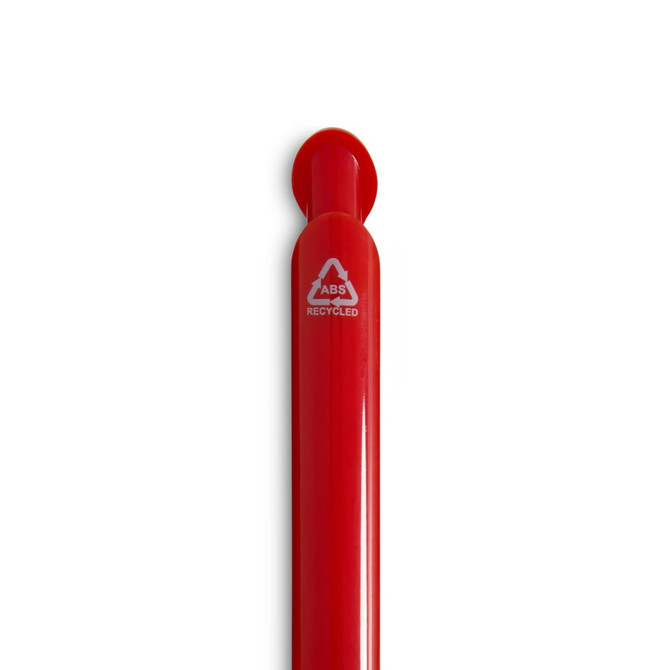 A red gel ink pen with a round cap, featuring a logo indicating it’s made from recycled materials.