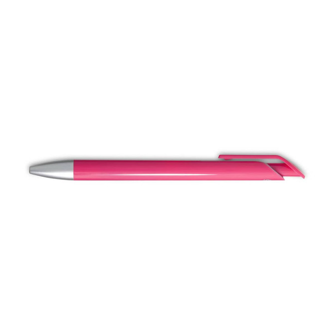 A pink gel ink pen with a silver tip and clip, featuring a sleek and modern design.