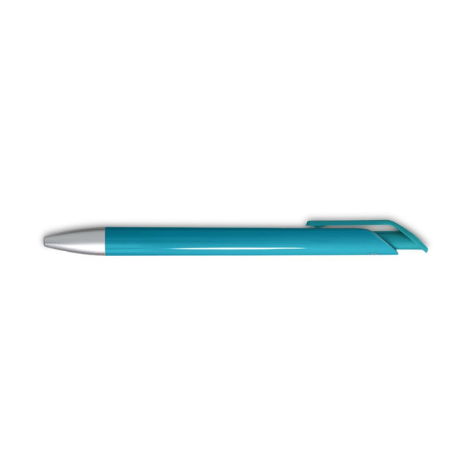 A turquoise gel ink pen with a silver tip and a sleek design, featuring a branding logo.