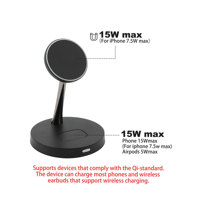 A black MagSafe 2-In-1 wireless charger with a circular pad and upright stand for phones and earbuds.
