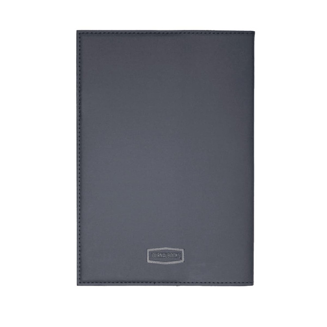 A refillable journal with a sleek grey leather cover and a subtle logo at the bottom.