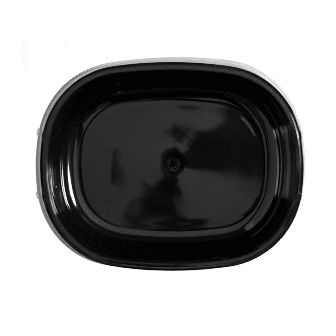 A black rectangular lunch box with a smooth interior and rounded edges, featuring a subtle logo.