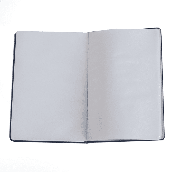 A2 space A5 notebook with a plain, blank, white interior and a dark cover. It features a logo on the front.