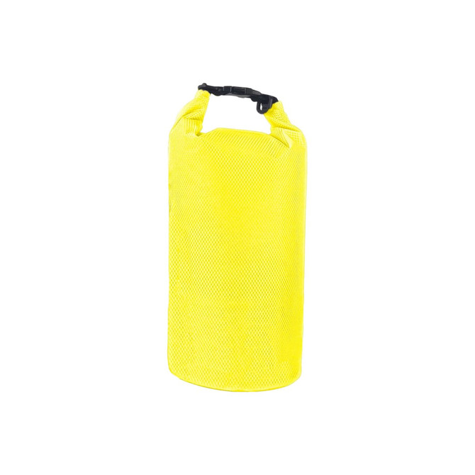 A yellow Oxford cloth dry bag with a black strap and buckle closure, featuring a textured surface.