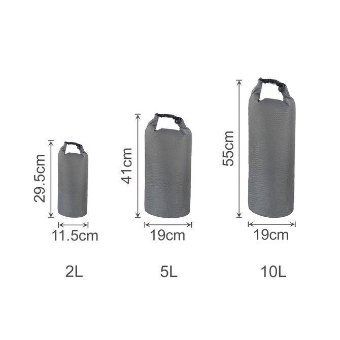 Three grey Oxford cloth dry bags of varying sizes: 2L, 5L, and 10L, displayed with dimensions. Each has a handle.