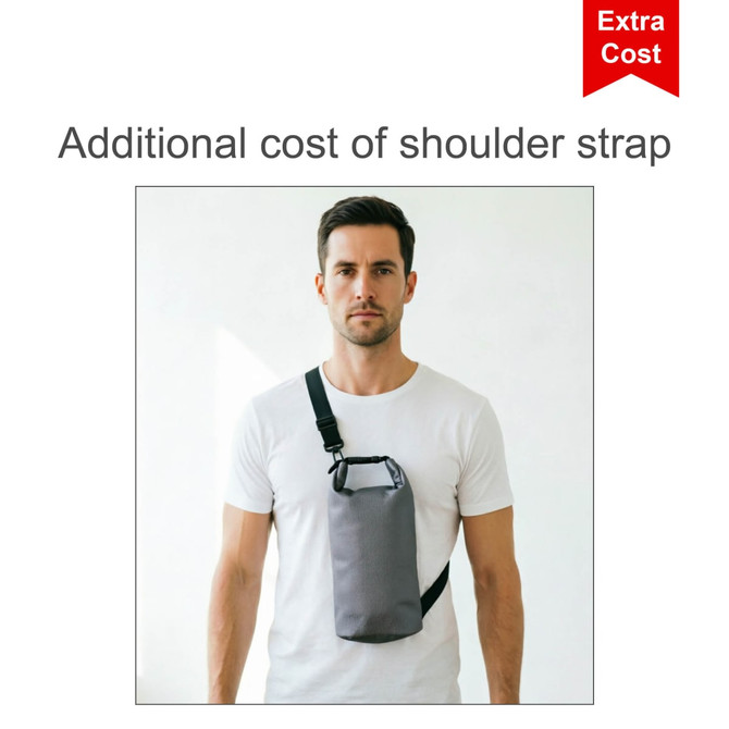A man wearing a grey Oxford cloth dry bag across his body, with a shoulder strap attached.
