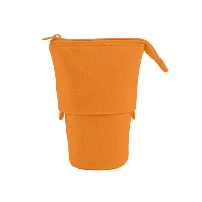 An orange canvas expandable pencil case with a zip closure, featuring an inner compartment and a logo.