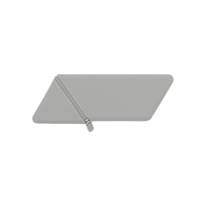 A grey silicone pen holder with a zippered compartment. It features a sleek, geometric design and has a logo.