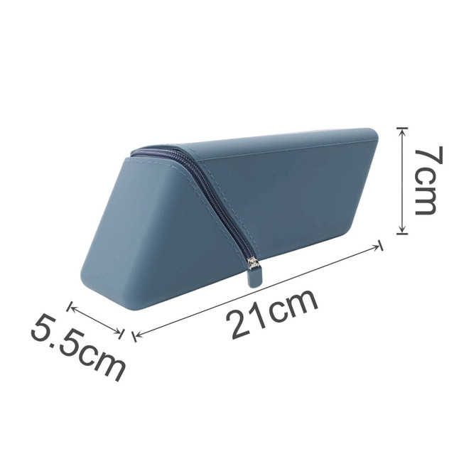A blue silicone pen holder with a triangular design, featuring a zip closure and dimensions of 21cm x 5.5cm x 7cm.