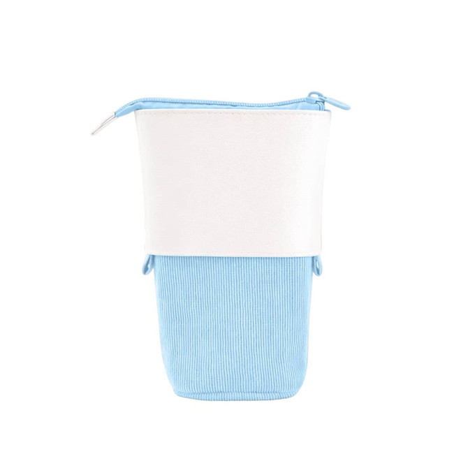 A light blue and white expandable pencil case with a zip closure and decorative details. It features a logo.