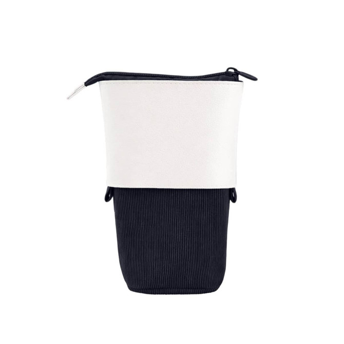 An expandable pencil case in navy and white, featuring a sleek design and a zippered top. It includes branding.