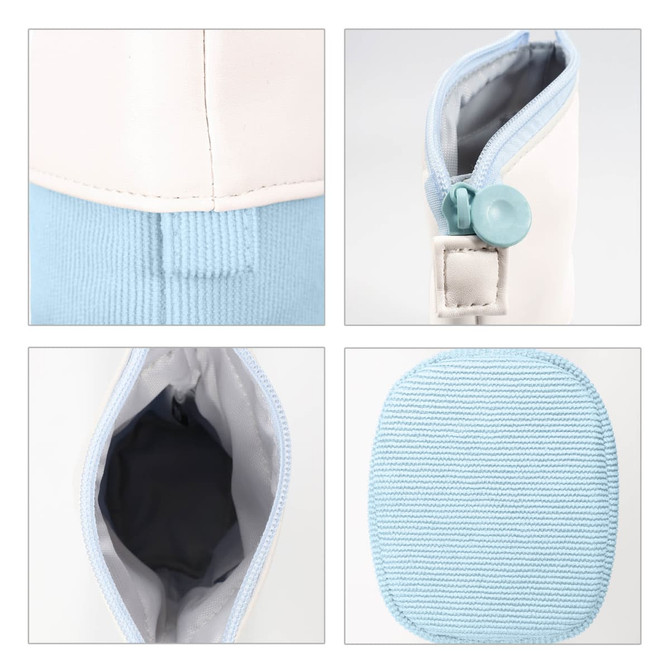 A pencil case in white and light blue with a zip closure and interior view showcasing black lining. Features a logo.