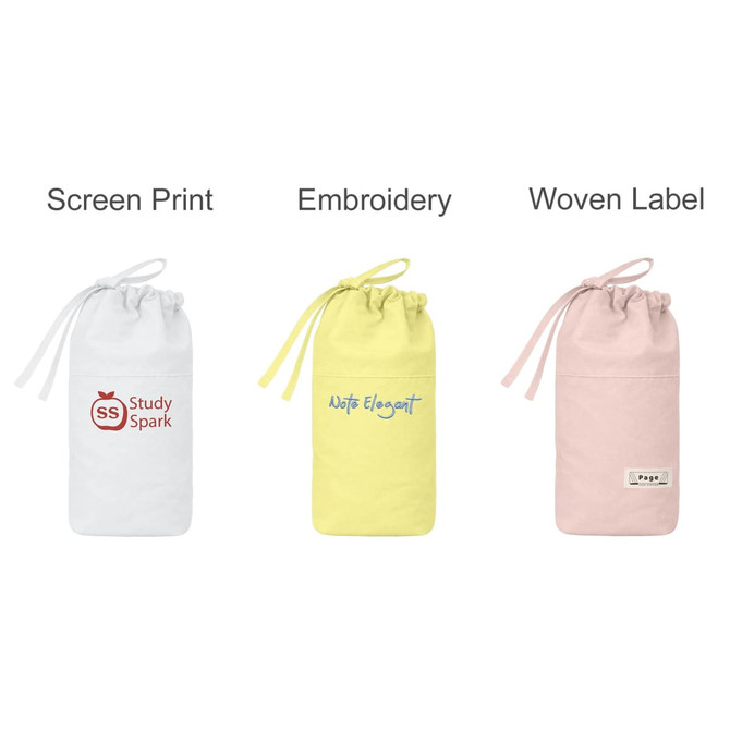 A foldable drawstring pencil case in white, yellow, and pink, each featuring a logo or design.