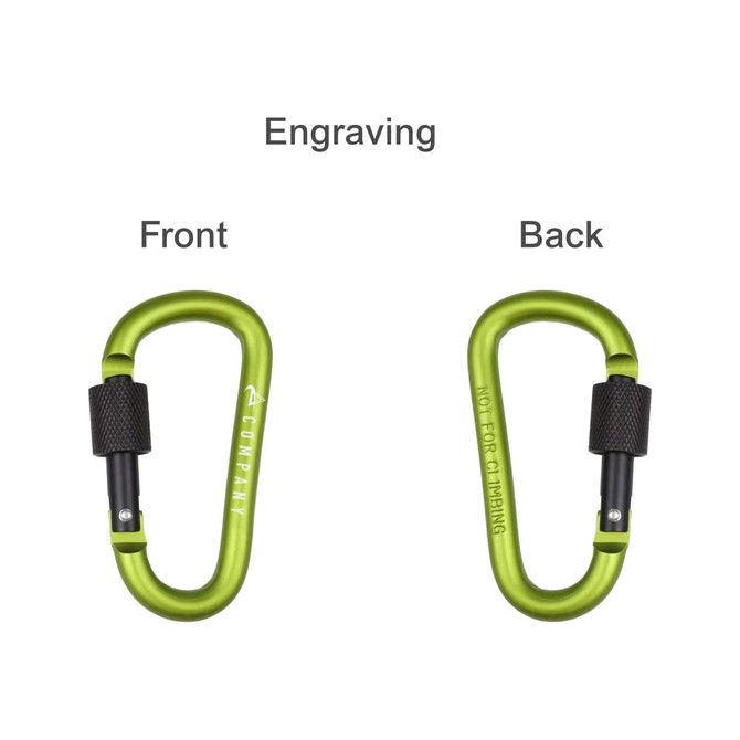 A green D-shaped screw lock keychain with front and back engravings, featuring a logo.