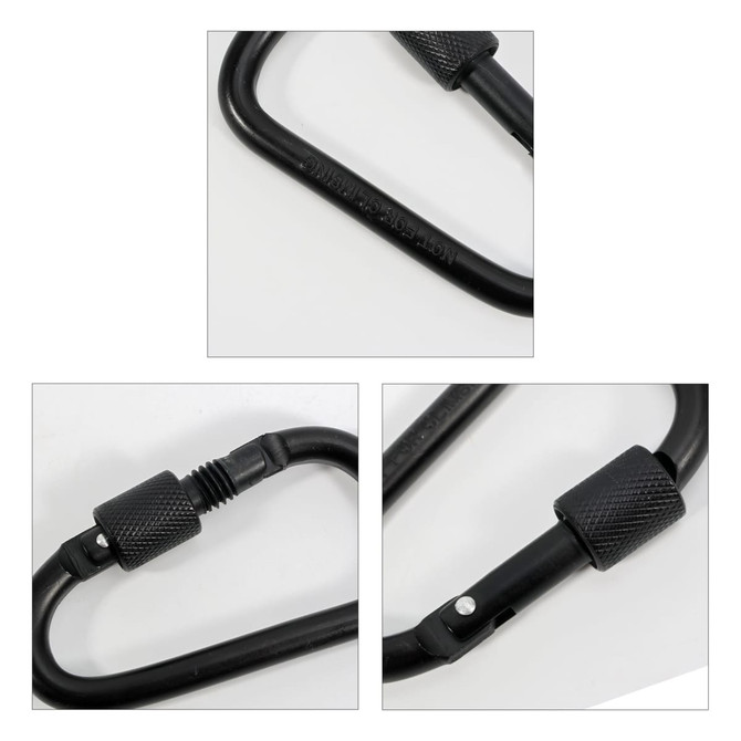A black D-shaped screw lock keychain with a textured grip and a locking mechanism. Features a logo on the side.