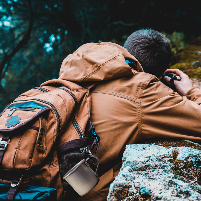 A person in a brown jacket with a backpack gazes into the distance, surrounded by nature.