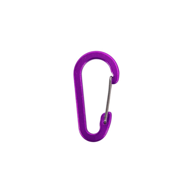 A purple D Type Aluminium Alloy carabiner hook with a silver wire gate. It includes a logo.