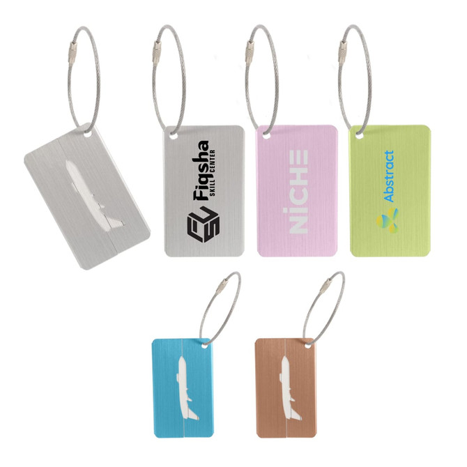 Brushed aluminium luggage tags in various colours, featuring a logo on some, with metal attachment loops.
