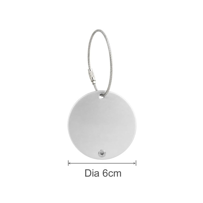 A round silver wire cable luggage tag, measuring 6cm in diameter, with a loop for attachment.