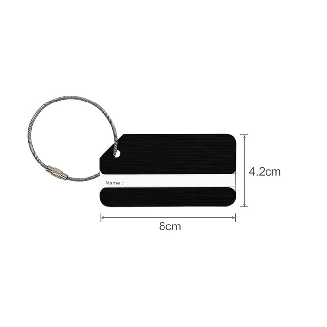A square brushed aluminium luggage tag in black, featuring a wire loop and white areas for personal information.