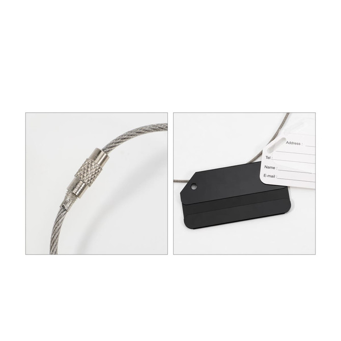 A square aluminium luggage tag in black, attached with a silver wire cable, featuring address fields.
