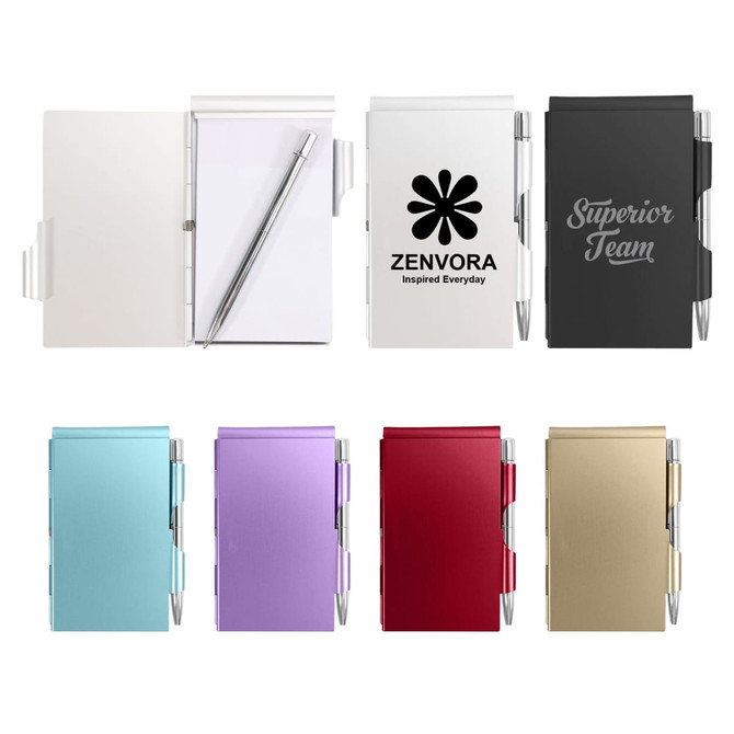 An aluminium pocket notebook with a pen, available in various colours: white, black, purple, and red, featuring logos.