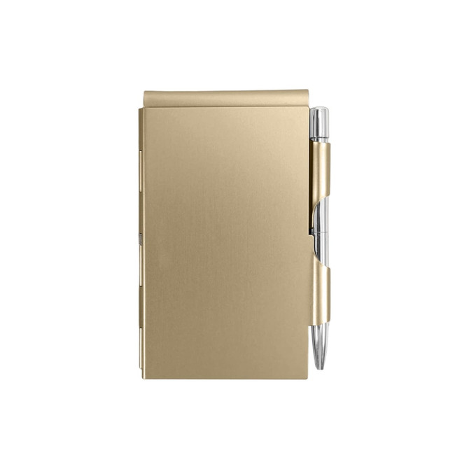 A gold aluminium pocket notebook with a silver pen attached. It features a sleek, minimalist design.