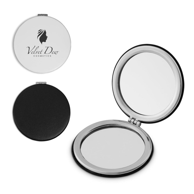 A compact mirror with a shiny silver exterior and a black interior, featuring a logo on the front.