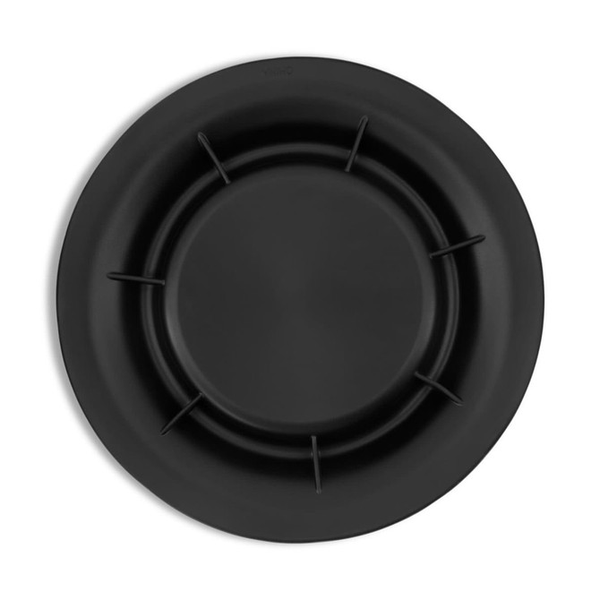 A black pet bowl with a round shape and six stabilising notches along the rim. It features a logo in the centre.