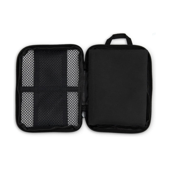 A black zippered pouch with a mesh section and an interior pocket, featuring a handle on the outside.