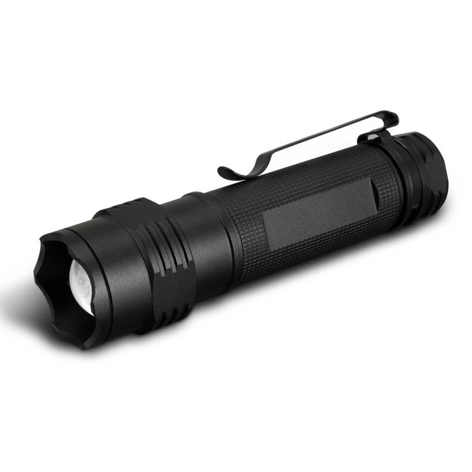 A sleek black torch with a textured grip, featuring a clip for easy attachment. It has a rounded head for focused light.