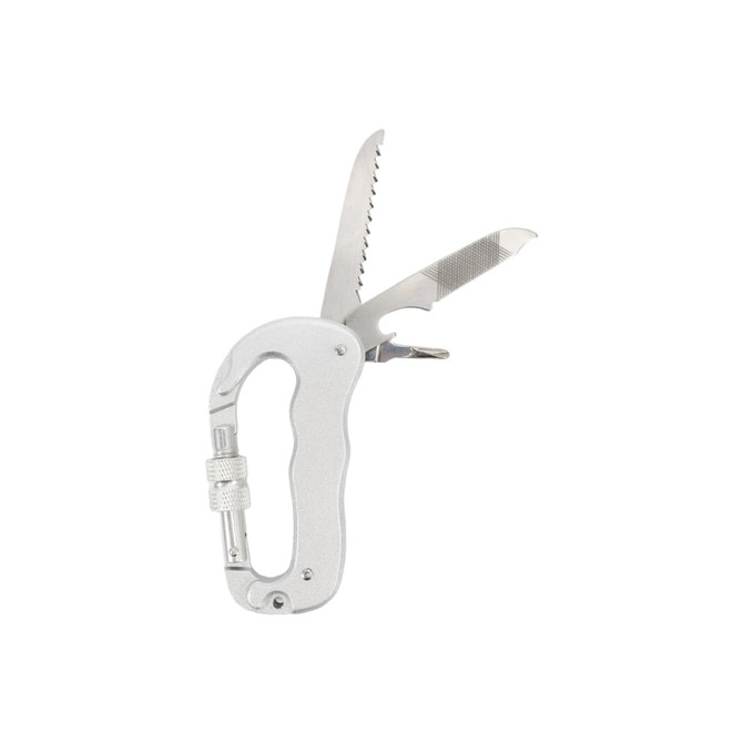 A multifunctional silver carabiner featuring a knife blade, a saw blade, and a bottle opener. It has a logo.