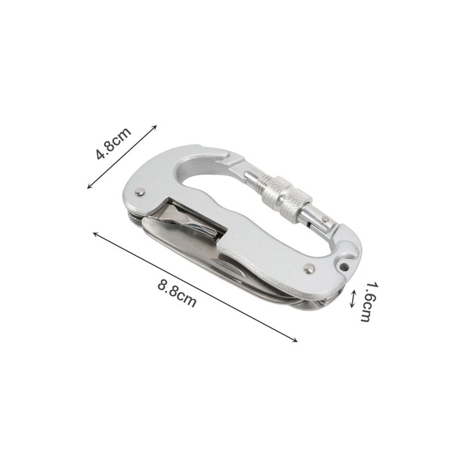 A multifunctional silver carabiner with a screw lock, measuring 8.8 cm by 4.8 cm by 1.6 cm.