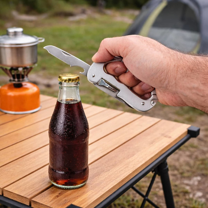 A silver multifunctional carabiner with a knife feature is being used to open a glass drink bottle on a wooden table.