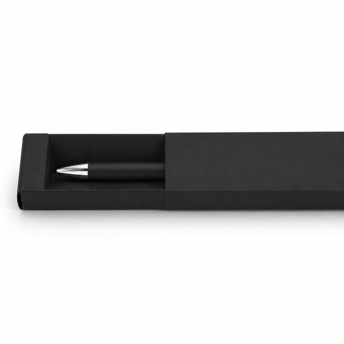 A black gel ink pen displayed in a sleek black box with a simple design. The pen features a metallic silver accent.