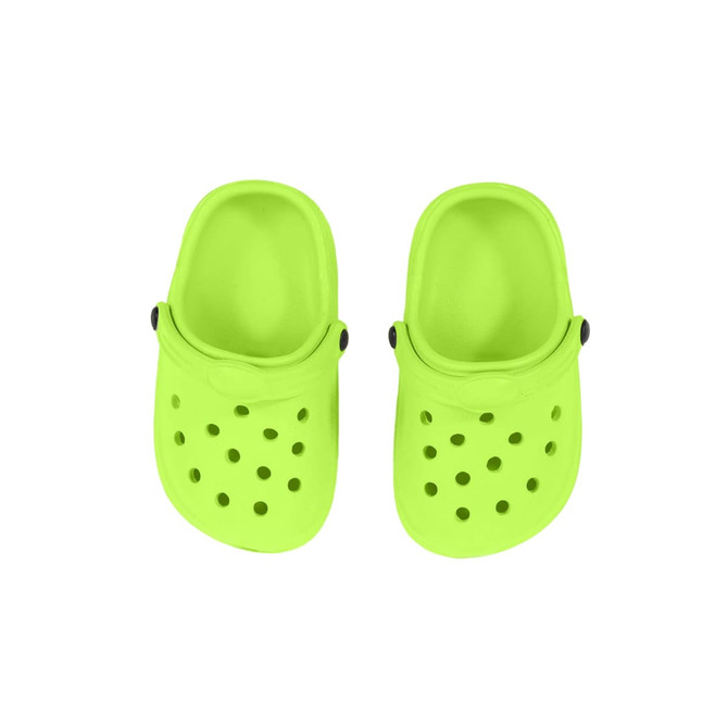Bright green pet clog slides with ventilation holes and adjustable side buttons, featuring a simple design.