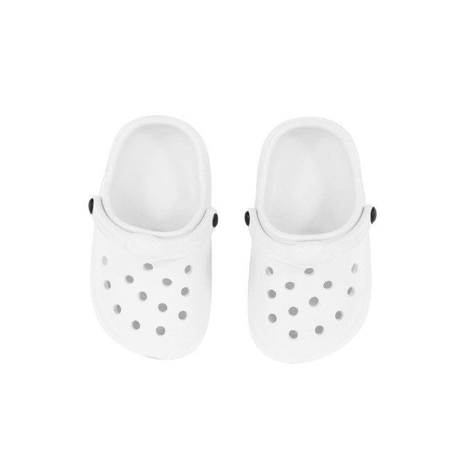White clog slides with ventilation holes, featuring a simple design and a black button on the side.
