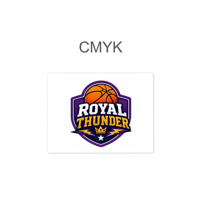 A purple and gold logo featuring a basketball, with the words "Royal Thunder" and a crown design.