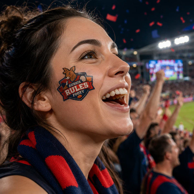 A woman with a temporary tattoo on her cheek, smiling passionately at a sports event, surrounded by excited fans.
