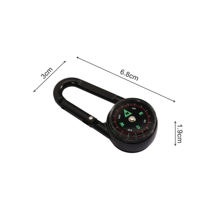A black carabiner with a built-in compass and thermometer, measuring 19cm in length and 3cm in width.