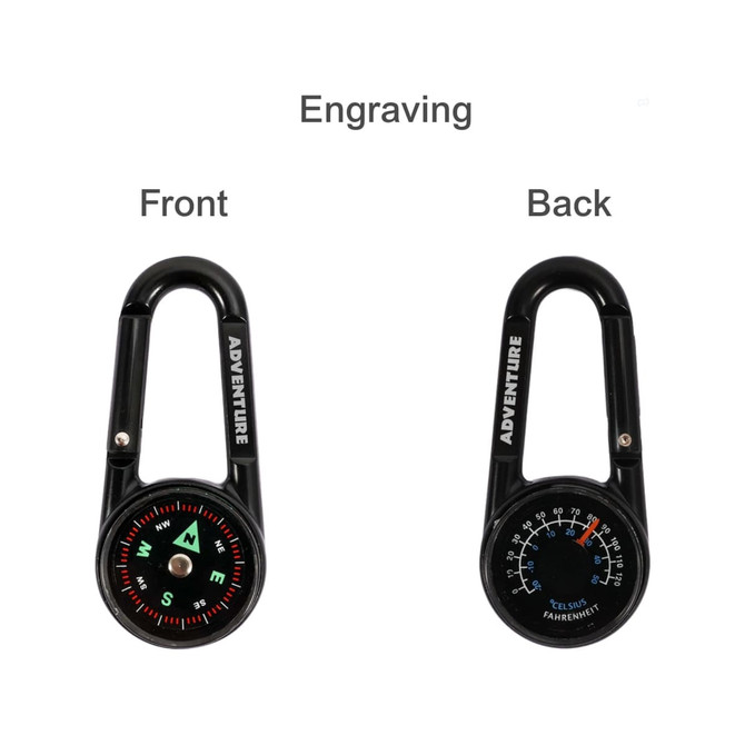A black carabiner featuring a compass on one side and a thermometer on the other.