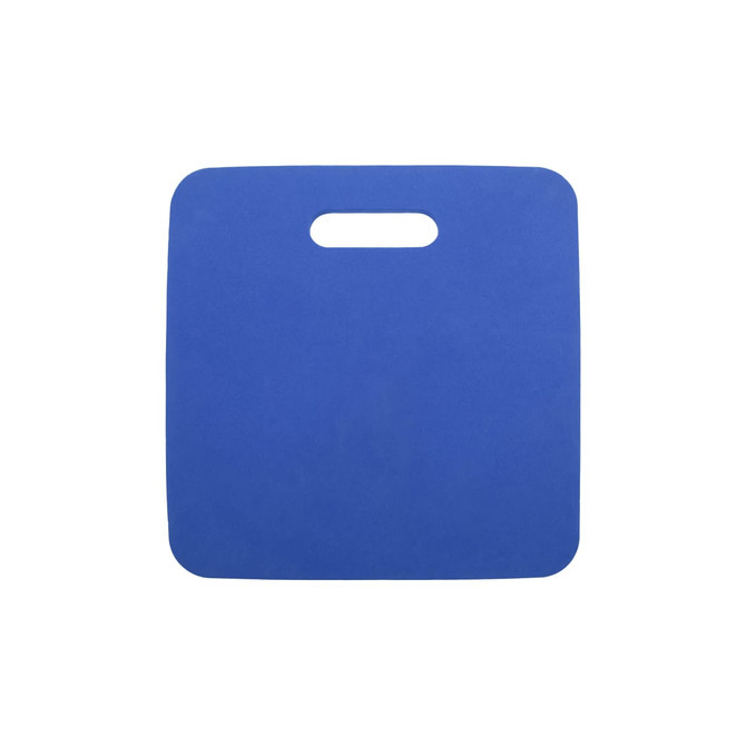 A blue promotional stadium seat cushion with a cut-out handle for easy carrying.